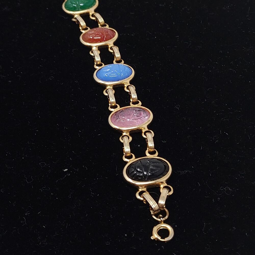 Scarab Beetle Bracelet Gold Tone Double Link 5/8" Oval Bezel Safety Chain VTG